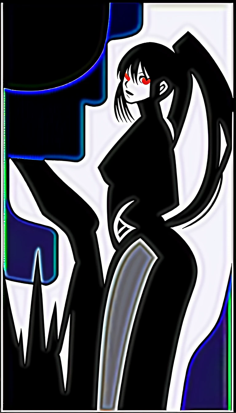 (high quality, 8k, 4K, high contrast, artwork:1.2, high quality, best aesthetics), (dynamic angle), ((1 woman)), erotic, sensual, mature body, super detailed, beautiful face detailed, beautiful eyes detailed, detailed beautiful mouth, sexy body, perfect breats, perfect wide thighs, black hair, short black hair, ponytail hair, red eyes, serious facial expression, women's black ninja kimono with red clouds printed, black fishnet pantyhose, black lipstick, kunoichi, ninja girl, forest, standing, erect posture, centralized, looking at the viewer, front view.