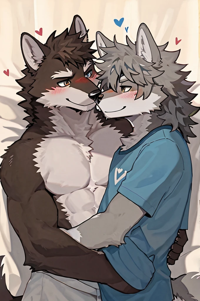 Wolf and Dog、Handsome、Couple、Gay、GayCouple、Flirting、Heart symbol、Love love、Messy hair vs. normal hair、Handsomeとかわいい、Muscular and slender、On the bed、kiss、Height difference、smile、blush