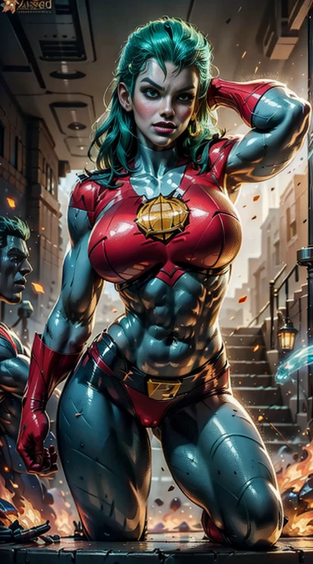 (((female captain planet))), design sheet, captain planet, colored skin, green hair, masterpiece, slendered abs ,muscular, veins, big arms, chiseled chest, detailed , shiny skin, powerful, godlike