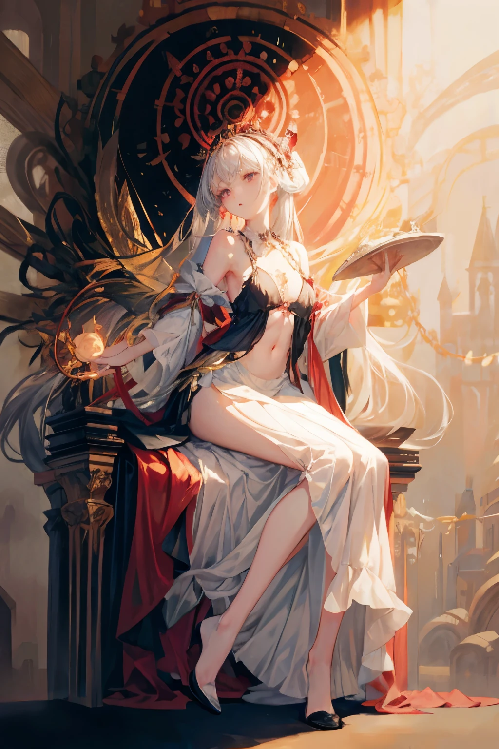  ((best quality)), ((masterpiece)), (detailed), 1girl, Character design, scholarly  female, scholar, female scholar, educator, teacher, fortune teller, palm reader, astrology, astrological symbolism, star reading, celestrial theme, heavens, heavens above, constellations, dynamic poses, long white grey hair, grey white eyes, very skinny, detailed, best quality, no accesoires around the neck, no shoes, prominent collarbones, skinny arms, flat stomach, visible hip bones, full body, blank white background, plain background, white background, red and white clothing, Bloodborne inspired, occult aesthetic, occult, detailed and intricate steampunk and detailed gothic, NSFW, Fluttering lace flared long knee length dress with frilly petticoats, knee length dress, pleated petticoats, petticoats gothic, complex lace boots, gothic aesthetic, wielding a mighty sword with mechanical components, mandalas, small breasts, a fairy, various different types of insect wings, beetle wings, NSFW, full body, whole body, body, chains, 