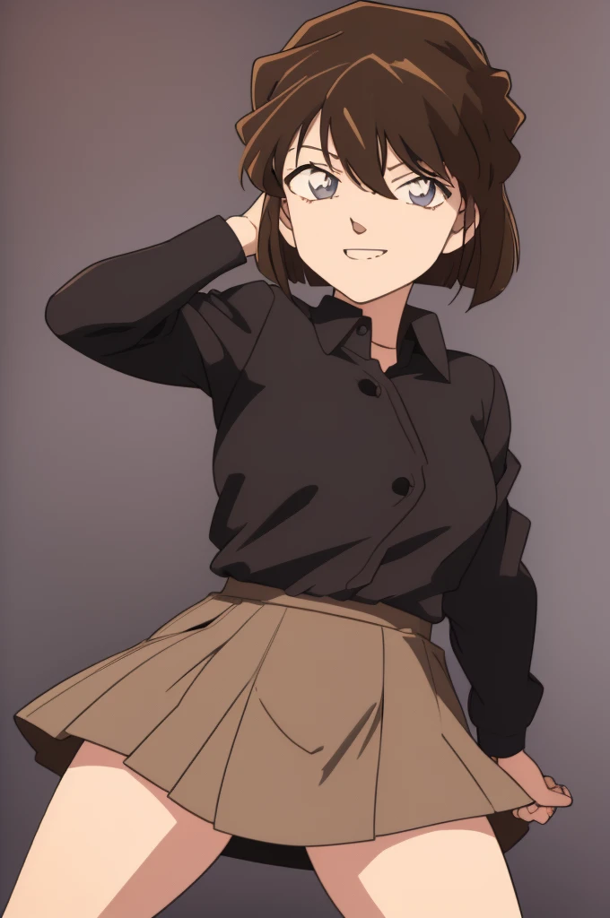 masterpiece，best quality，8k Illustration，Haibara Ai，Aoyama Gangsho style，Flowing hair，Smooth lines，best quality，The finest details，Brown hair blue eyes girl，Actress，Medium shot，The best background，Best quality，The brightest smile，Ultra Detailed，Best Illustration，The best shadow，Solitary，Uniforms, Black jacket，Light pink shirt inside, (jk brown skirt:1.2), Black knee socks, Looking at the audience, Put your hands behind your back，Small Breasts，The best costumes，Best starry night，The most beautiful proportion，The best wavy short hair，The most realistic human body structure