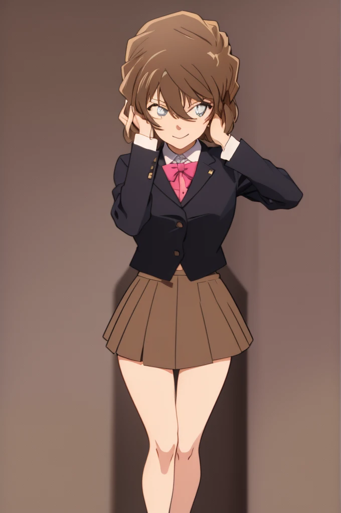masterpiece,best quality,8k Illustration,Haibara Ai,Aoyama Gangsho style,Flowing hair,Smooth lines,best quality,The finest details,Brown hair blue eyes girl,Actress,Medium shot,The best background,Best quality,The brightest smile,Ultra Detailed,Best Illustration,The best shadow,Solitary,Uniforms, Black jacket,Light pink shirt inside, (jk brown skirt:1.2), Black knee socks, Looking at the audience, Put your hands behind your back,Small Breasts,The best costumes,Best starry night,The most beautiful proportion,The best wavy short hair,The most realistic human body structure