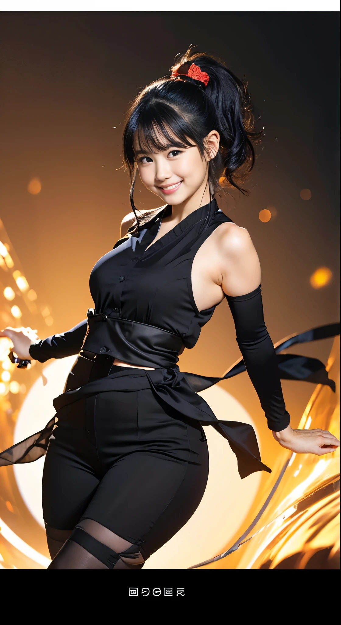 (8K、Raw photography、Highest quality、masterpiece:1.2),(Black Hair、Dark Eyes:1.9),(:1.6)、View your audience,Viewed from the front,White skin,(ponytail:1.3)、(Tight waist:1.6)、(Clothes that accentuate the shape of the breasts:1.0)、(Big Breasts :1.3)、Slim figure、Ultra-high resolution,beautiful,beautiful fece,(One person、No background:1.9),whole bodyボディー,Japanese women,(reality的:1.37)、Photon Mapping,reality、(Baby-faced and cute: 1.4)、(Cute Smile: 1.8)、(Round face: 1.8)、Radio City、Physically Based Rendering、Depth of field rally background、photograph, (I can see your knees、Thigh close-up:1.8),(Camel Toe:1.6),whole body、Great quality