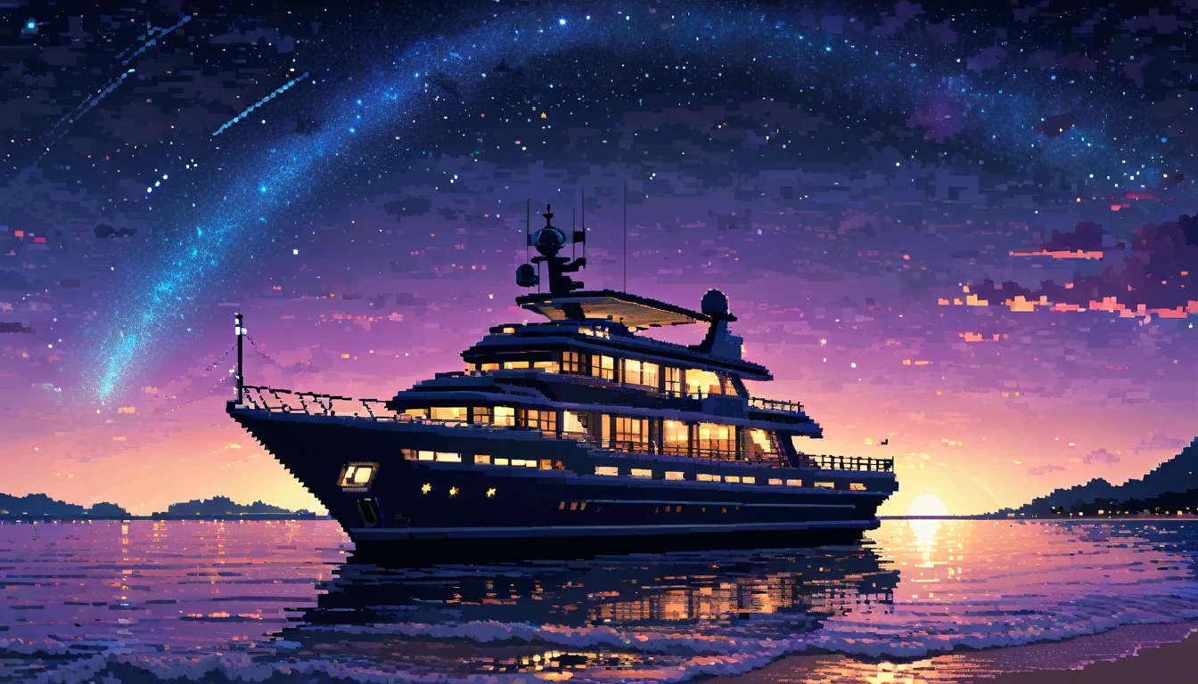 Yacht floating in the middle of beach, star-filled night sky above, intricate pixelart style, HDR, 8k, high quality, relaxing color palette, one yahct, shot from far, black sky.