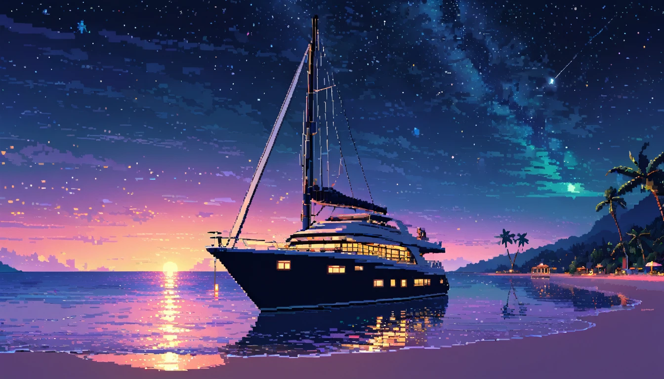 Yacht floating in the middle of beach, star-filled night sky above, intricate pixelart style, HDR, 8k, high quality, relaxing color palette, one yahct, shot from far, black sky.