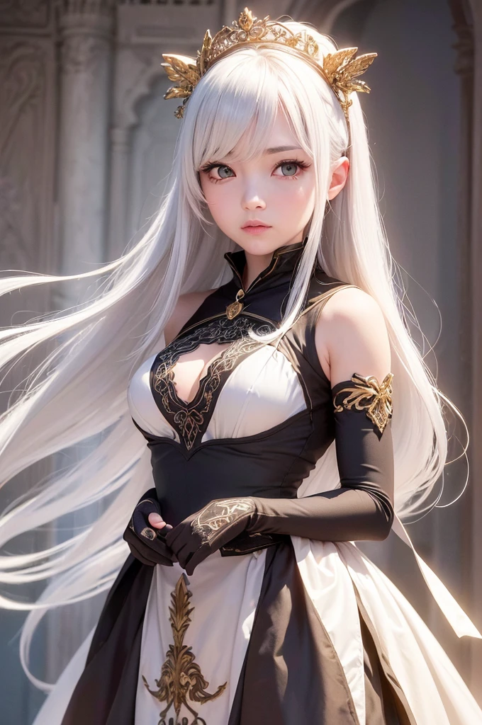 ((masterpiece:1.5,Highest quality,Highly detailed images,Beautiful images、Realistic、Photorealistic、2.5D))(1girl, 独奏)(medium breasts, white hair, black eyes, Healthy legs、Tight ass、Beautiful cleavage)(Fantasy dresses、Fantasy Costume: Battle Dress from Another World)(wind, floating hair)(Inside the castle、Audience Chamber)