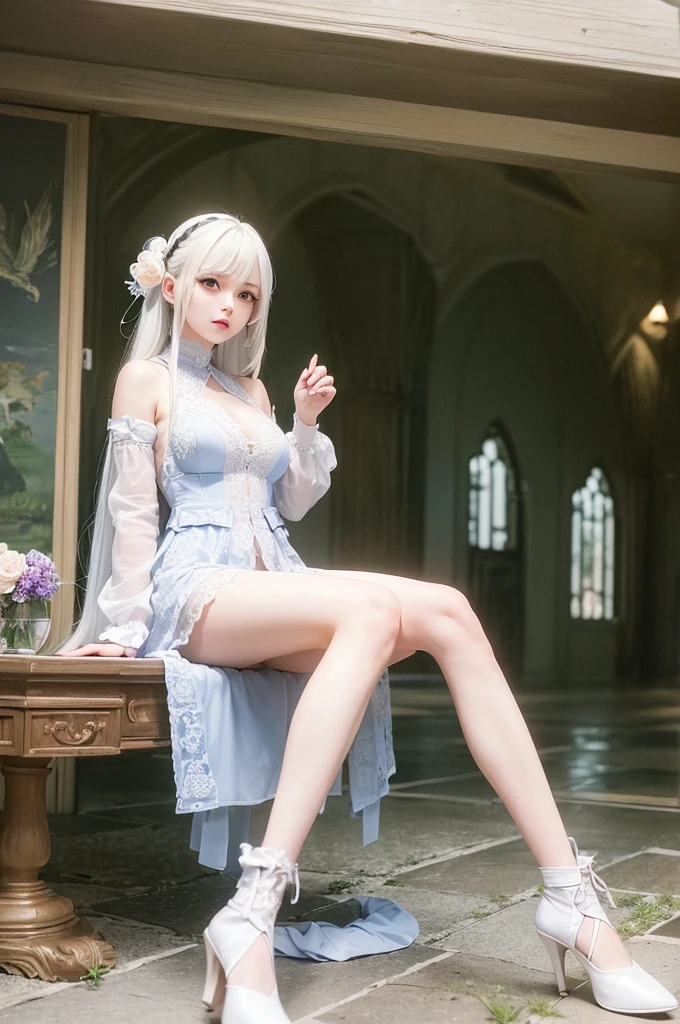 ((masterpiece:1.5,Highest quality,Highly detailed images,Beautiful images、Realistic、Photorealistic、2.5D))(1girl, 独奏)(medium breasts, white hair, black eyes, Healthy legs、Tight ass、Beautiful cleavage)(Fantasy dresses、Fantasy Costume: Battle Dress from Another World)(wind, floating hair)(Inside the castle、Audience Chamber)