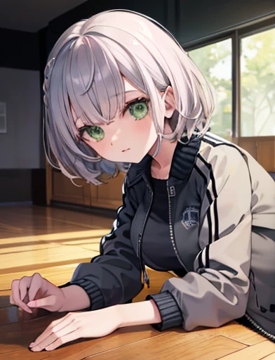 Highest quality, masterpiece, Ultra-high resolution, grey hair, short hair, green eyes, black letterman jacket, on floor,