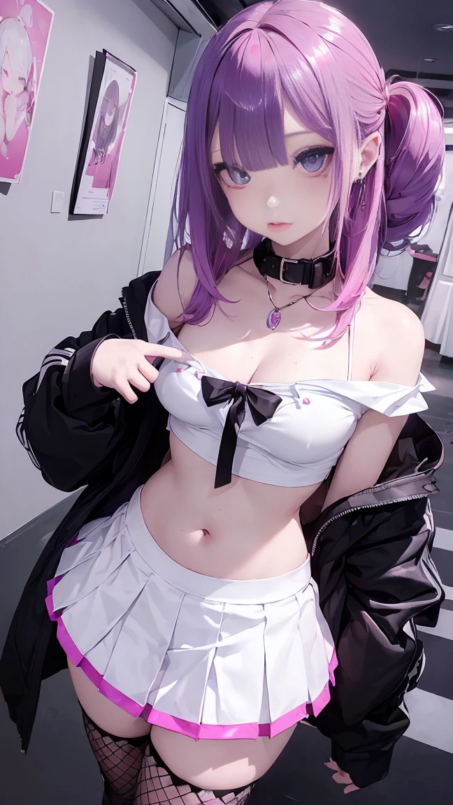 (masterpiece, Highest quality, Highest quality, Official Art, beautifully、aesthetic:1.2), (2 girls:1.8), Cinema Lighting、(Key Light：Front 45 degree angle, Subsidy light、Backlight、Shadow、Blue and orange color palette), Accurate human body、Someone knowledgeable、Correct five-finger、RAW Photos、 4K - ultra-vivid、Highest quality, masterpiece, Ultra-high resolution, (reality: 1.4), 1 girl、／Pink long hair/、(((/Black and purple super shiny latex panties/)))、((( , /sunglasses,White shirt/ , high school girl、Pleated skirt , Cleavage ,Oilskin)))、(Shiny body: 1.5)、 Be embarrassed、(Ahegao:1.5)、((/Black Mask/))、Full of embarrassment、Sexy pose、((vapor))、/break/, On the bed in a love hotel、(((/Pink lighting/)))、dim, Nasty room、Desaturation in the room (((Oilskin,Glowing Skin、Realistic skin texture、Beautiful skin in every detail、Shiny skin、Shiny skin)))、 Upper Body Shot, Low camera angle, Written boundary depth, Focus on the center, Fine Eyes, Perfect face and eyes、 1 girl、 , (Goth Makeup), (White skin), (T-shirt and skirt), (Show below ), (Fishnet tights), (Belly Button Jewelry), (Earrings), (Earringsのついた唇), /Purple eyes/, /Short black emo hair/, (Big Breasts), (8K), (wallpaper), (Dynamic Lighting), (Detailed face and eyes:1.2)、Short skirt、Low-cut platform boots and oversized shirts、Off the shoulder, /break/