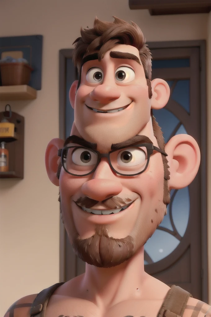 A man with shaved hair, short beard, goatee, disney pixar style brunette, high qualiy, best qualityer.