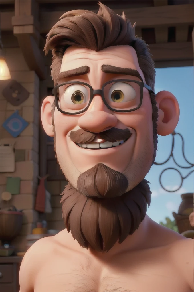 A man with shaved hair, short beard, goatee, disney pixar style brunette, high qualiy, best qualityer.