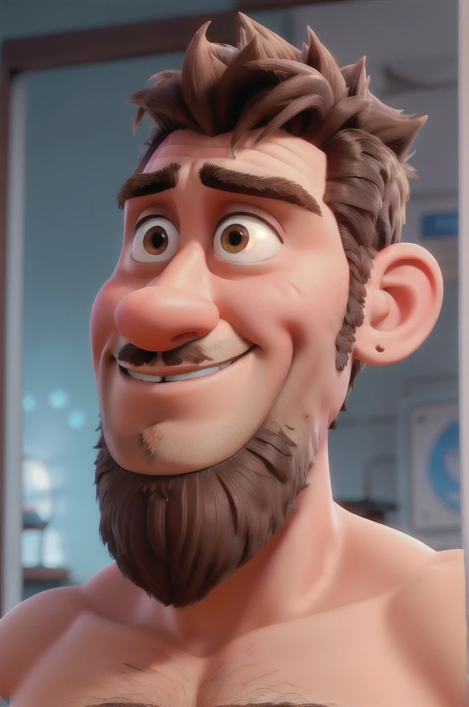 A man with shaved hair, short beard, goatee, disney pixar style brunette, high qualiy, best qualityer.