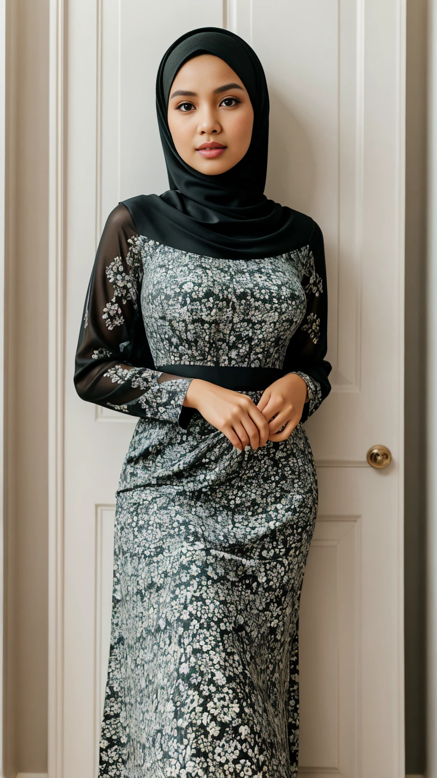 body shot of (abbie_cornish:0.6) indonesian girl wearing a hijab, casual shirt, casual dress, long skirt, sandals, in a kitchen,face incredibly detailed, lips, realistic skin, solo,medium breasts,skin tight, puffy ,facial, masterpiece,best quality, Intricate, High Detail, dramatic, front view, wide view,RAW, Best quality, high resolution, masterpiece: 1.3), beautiful Indonesian woman in hijab, perfect hijab, Masterpiece, perfect fit body, big breast,big gorgeous eyes, Soft smile,beautiful face,thick thighs, woman in a black and white floral dress standing in front of a green door, modest flowing gown, beautiful soft silky dress, beautiful silky dress, beautiful detailed dress, stylish dress, swirly flower dress, wearing a long flowery dress, full covered dress, delicate patterned, long dress female, frock, flowery dress, baroque dress, lady with glowing flowers dress , (Delicate turtleneck) , Excellent lighting, Bright colors, Clean lines,