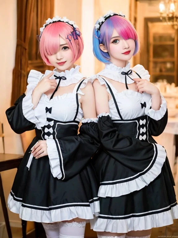 Accurate depiction with high resolution,(8K, Photorealistic, Raw photo, of the highest quality: 1.3), (1girl in), Super beautiful, (Realistic face), (boyish, pink Color Berry Shorthair), Beautiful , Glare that captivates the viewer, Beautiful expression, Beautiful breasts, (Realistic skin), Be...Create a detailed and colorful image of Ram and Rem from Re:Zero, standing back-to-back in their maid outfits, with a magical fantasy background、14years old, two girls,cute, perfect face, beautiful, nice body, gothic lolita clothes, gothic lolita fashion, frilly skirt, headdress, necklace, bracelet, knee-high socks, boots, double eyelids, tear bags, Detailed down to the fingers, photo-like description, indoors, dim indoor lighting, one girl is pink hair and short bob, another girl is light blue hair and short bob,standing,whole body, composition that shows the whole body, smiling,The Both of them are wearing the same type of maid outfit,Optimal ratio of 4 fingers and 1 thumb,walking