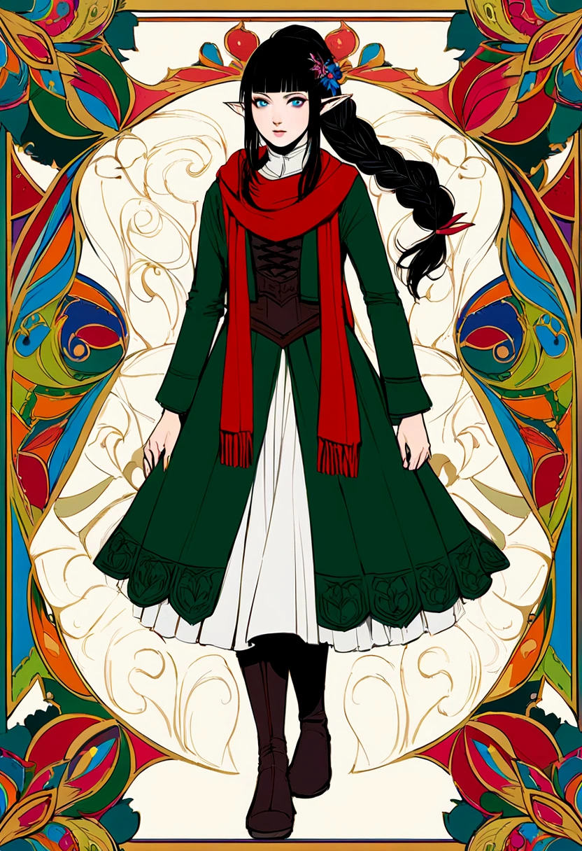 full body of in final fantasy 30-year-old half elf woman with black hair, blunt bangs, ponytail, braid, hair ornament, heterocromia red or blue eyes, navy blue pupils, she wears very beautiful medieval black thief's dress clothing, red scarf, green coat, illustration, unrealistic, bright colors, vibrant
