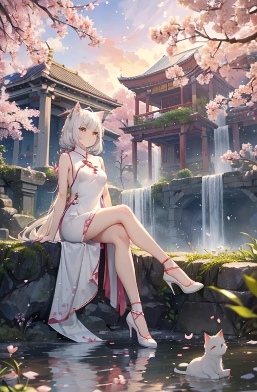 adult japanese catgirl, white cat tail, breathtaking cherry tree forest, falling cherry petal, ((white elegant sleeveless long cheongsam dress)), smooth and beautiful legs, ((brown eye color)), (medium short length hair flowing in the wind), ((white hair), ((white high heeled pumps shoes)), beautiful nature, Atlantis ruins, small water spring with small waterfall, ((high quality)), extremely detailed, (bokeh), dof, (hand on chest), large breasts, sitting in front of a cherry tree, elegant ancient stone structure, (crossed legs), side swept hair bangs, looking up into the far distance, realistic ,(solo), (white cat ears), evening golden sun backlight, (face markings), hair braid, bangs, gentle smile