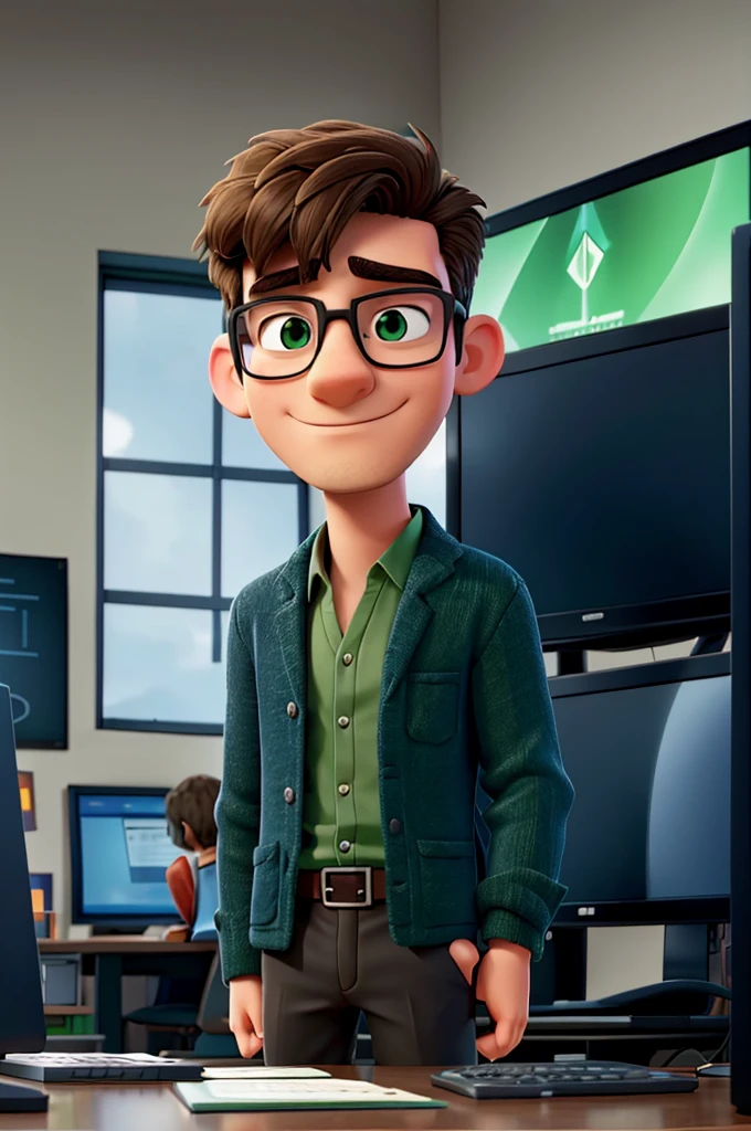 work of art, best qualityer, 1A young, enthusiastic man, wearing glasses and a casual shirt, is standing next to a large desktop computer that appears to be turned off and has a black screen.
The man has both hands extended over the computer, with eyes closed and an expression of intense concentration on his face.
Tiny sparks of blue and green light are coming out of the man&#39;s fingers, flowing towards the keyboard and computer screen.
