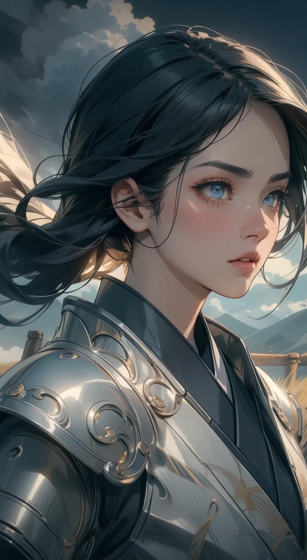 samurai girl, 1 girl, beautiful detailed eyes, beautiful detailed lips, extremely detailed face and eyes, long eyelashes, samurai armor, ((japanese swords)), rural rice field road, rolling hills, cloudy sky, detailed environment, dramatic lighting, cinematic lighting, dramatic shadows, highly detailed, 8k, photorealistic, hyper detailed, masterpiece, vibrant colors, atmospheric, intricate details
