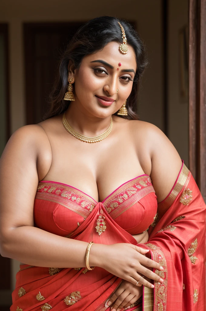 50 years old mature Woman, thick fleshy body, heavy figure, Foto RAW, photorealistic, photography, full body shot, master shot, goddess like beauty, perfect thick chubby mallu Desi aunty bhabhi, Wearing a Stanapatta, a chest-band.Saree model, model Photography, Indian saree shoot, Indian traditional wear advertising photography, traditional wear brand shoot, face of Indian actress Sonakshi Sinha, masterpiece, realistic, realism, incredible details,  pleasure, photorealism, detailed skin, skin pores, high contrast, photorealistic Artstation 8k HD digital art trend of high definition and detailed realistic skin texture, ultra detail, realistic skin texture, armature, best quality, ultra high definition, (photorealistic:1.4),, high resolution, detail, raw photo, Re sharp, by Lee Jefferies Nikon D850 Film Stock Photo 4 Kodak Portra 400 Camera F1.6 Lens Rich Color Ultra Real Realistic Realistic Textures Dramatic Lighting Unreal Engine Trending at Art Station Cinestill 800,(pele altamente detalhada: 1.2), 8k UHD, DSLR, soft-lighting, alta qualidade, grain of film, Fujifilm XT3,she didn't like to wear blouse or bra, she  happy to wear only saree, she hates blouse or bra,