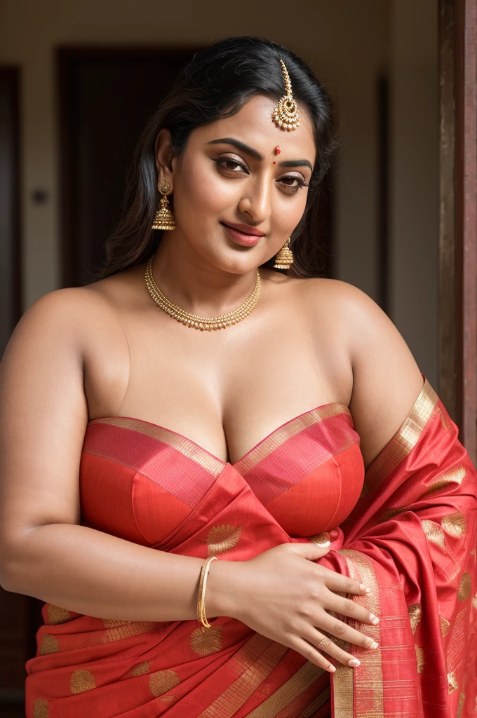 50 years old Woman, thick fleshy body, heavy figure, Foto RAW, photorealistic, photography, full body shot, master shot, goddess like beauty, perfect thick chubby mallu Desi aunty bhabhi, Wearing a Stanapatta, a chest-band.Saree model, model Photography, Indian saree shoot, Indian traditional wear advertising photography, traditional wear brand shoot, face of Indian actress Sonakshi Sinha, masterpiece, realistic, realism, incredible details, pleasure, photorealism, detailed skin, skin pores, high contrast, photorealistic Artstation 8k HD digital art trend of high definition and detailed realistic skin texture, ultra detail, realistic skin texture, armature, best quality, ultra high definition, (photorealistic:1.4),, high resolution, detail, raw photo, Re sharp, by Lee Jefferies Nikon D850 Film Stock Photo 4 Kodak Portra 400 Camera F1.6 Lens Rich Color Ultra Real Realistic Realistic Textures Dramatic Lighting Unreal Engine Trending at Art Station Cinestill 800,(pele altamente detalhada: 1.2), 8k UHD, DSLR, soft-lighting, alta qualidade, grain of film, Fujifilm XT3,she didn't like to wear blouse or bra, she happy to wear only saree, she hates blouse or bra,