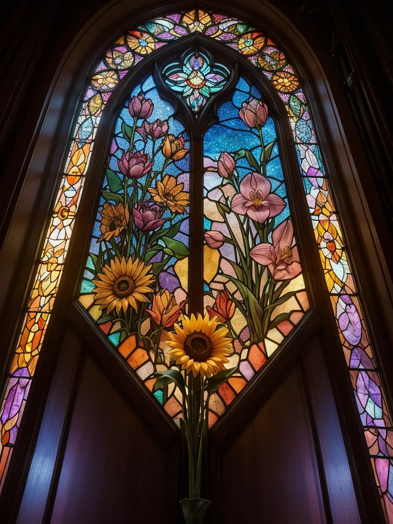 a steampunk style stained glass window with crystal heart gear coming out orange tulips and orchids, intertwined sunflowers, background a colorful psychedelic nebulae