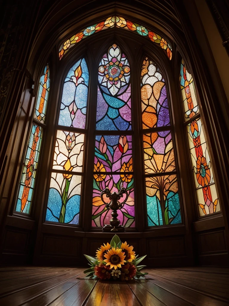 a steampunk style stained glass window with crystal heart gear coming out orange tulips and orchids, intertwined sunflowers, background a colorful psychedelic nebulae