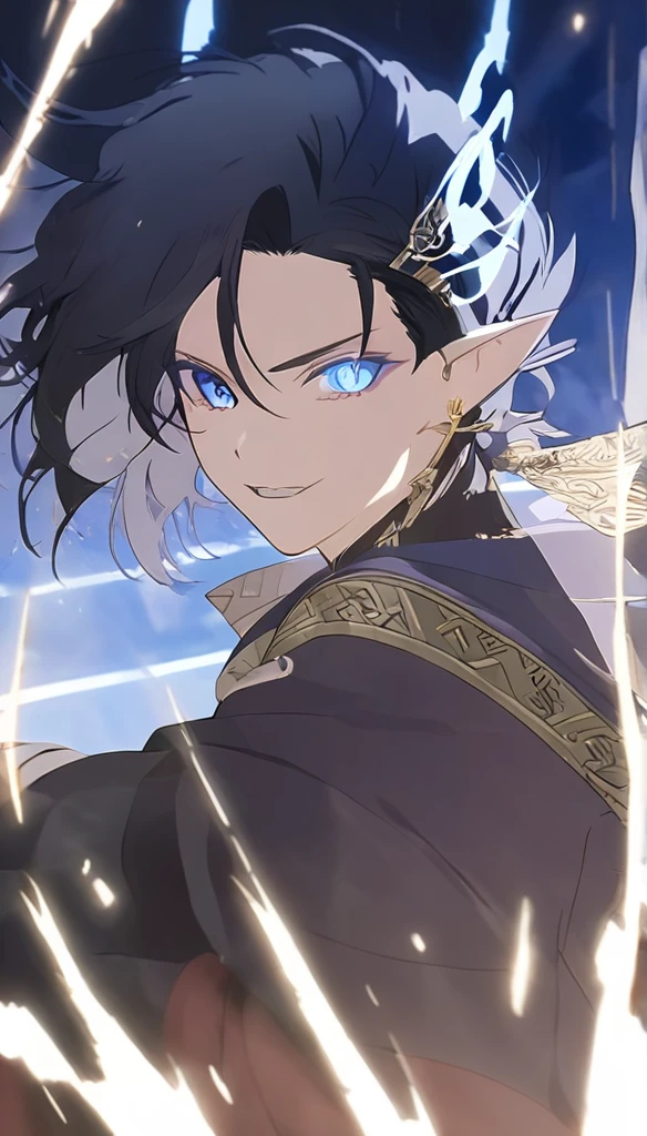 1man, elven ears, electric god, blue black hair, short messy hairstyle, glowing blue eyes, electric spark, monk, elegant thai clothes,