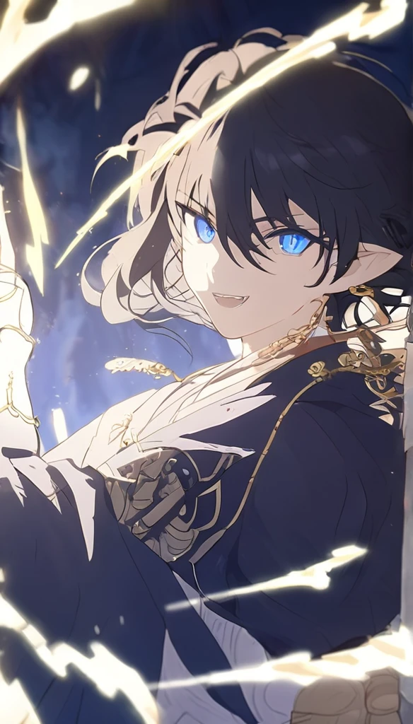 1man, elven ears, electric god, blue black hair, short messy hairstyle, glowing blue eyes, electric spark, monk, elegant thai clothes,