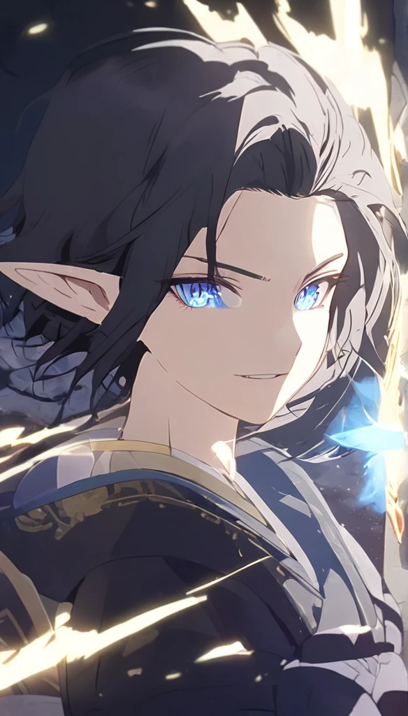 1man, elven ears, electric god, blue black hair, short messy hairstyle, glowing blue eyes, electric spark, monk, elegant thai clothes,
