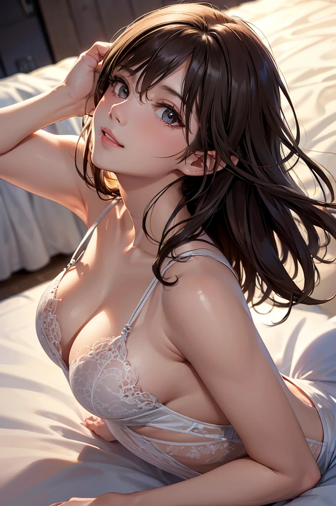 (Best Quality,High resolution,8K,finelity detailed background,Masterpiece:1.2),beautiful girl,Shiny brown hair,messy hair,Brown eyes,Gentle look,A refreshing look,Best quality,Best Quality,Aesthetic and aesthetic:1.2,Best details((Super detailed))(High-definition CG illustrations),Grey underwear (gray,intricate lace),Slender body,Late Night,Moonlit Night,Bedroom,On the bed,smile,blush,cute,Scrounge,Looking up,Being spoiled,super model,wariza,shoot from above