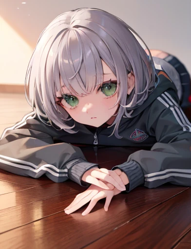 Highest quality, masterpiece, Ultra-high resolution, grey hair, short hair, green eyes, black letterman jacket, on floor,