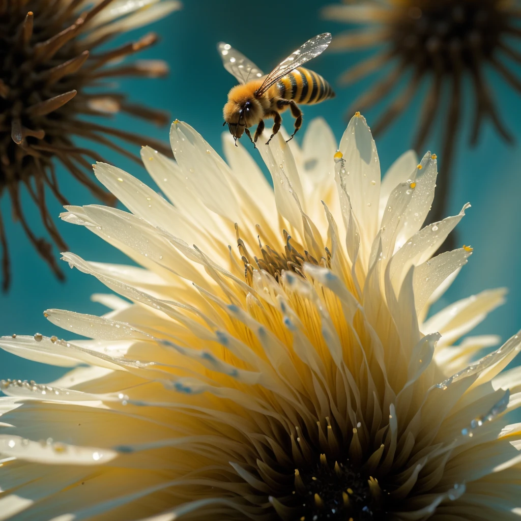 complex double exposure art, surreal alien lost on earth, on a cracked paper, extremely dynamic, unusual, vintage, cinema noir closeup macro photography of a confused and
bee sitting on a dewy yellow dandelion flower
with water drops on the petals, high definition photo
with 8K resolution, dramatic and dynamic lighting
composition, intricate details, highly textured,
saturated and pure colors, yellow and blue
