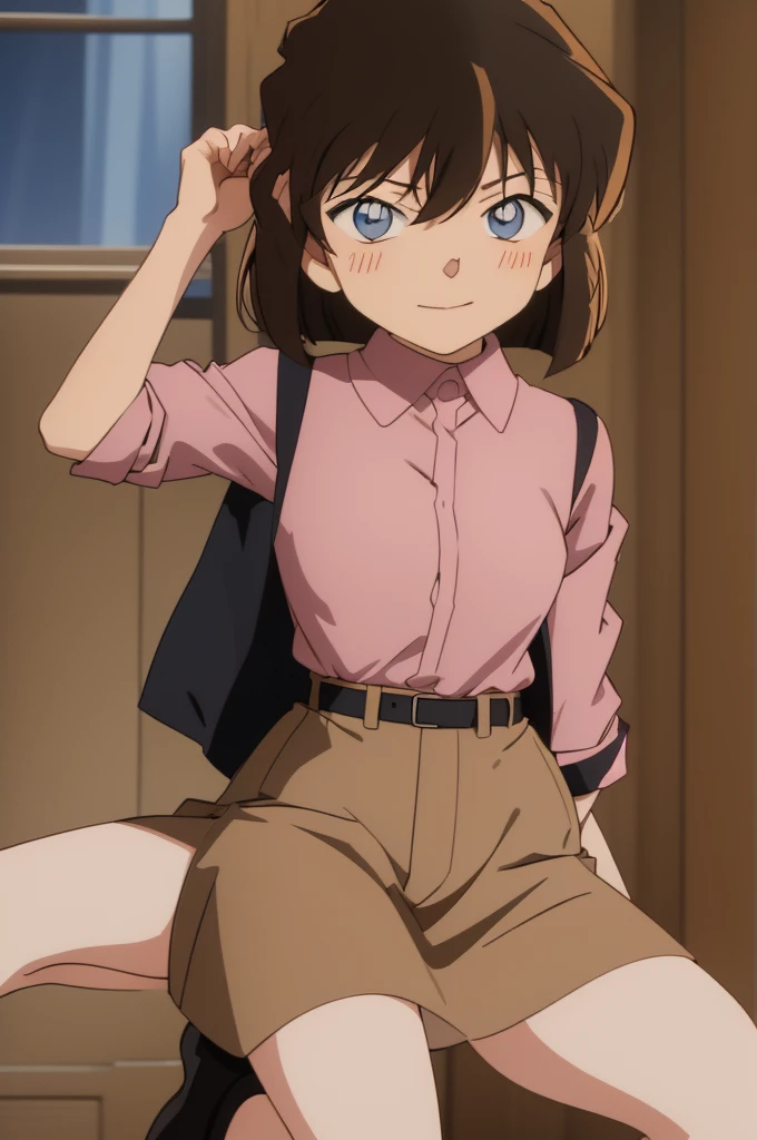 masterpiece,best quality,8k Illustration,Haibara Ai,Aoyama Gangsho style,Flowing hair,Smooth lines,best quality,The finest details,Brown hair blue eyes girl,Actress,Medium shot,The best background,Best quality,The brightest smile,Ultra Detailed,Best Illustration,The best shadow,Solitary,Uniforms, Black jacket,Light pink shirt inside, (jk brown skirt:1.2), Black knee socks, Looking at the audience, Put your hands behind your back,Small Breasts,The best costumes,A starry night as beautiful as a Van Gogh painting