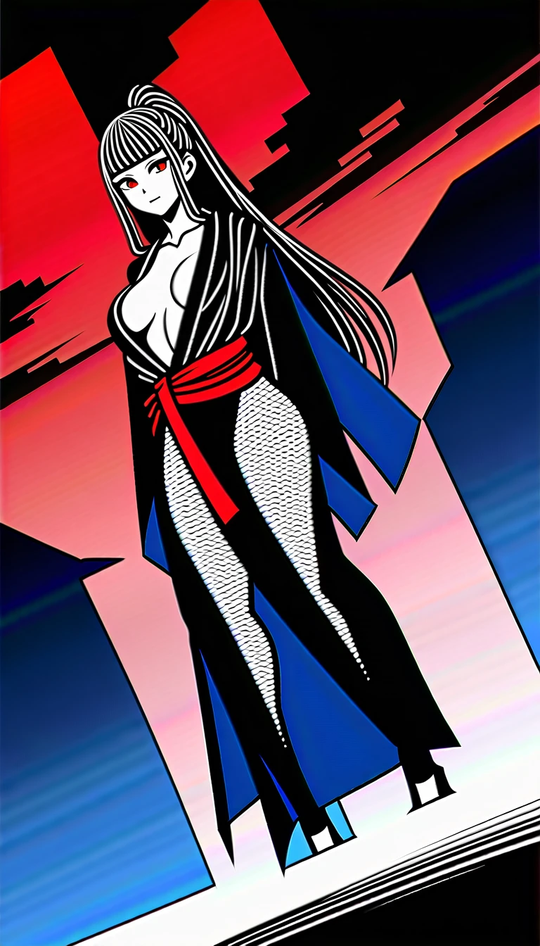 (high quality, 8k, 4K, high contrast, artwork:1.2, high quality, best aesthetics), (dynamic angle), ((1 woman)), , sensual, mature body, super detailed, beautiful face detailed, beautiful eyes detailed, detailed beautiful mouth,  body, perfect breats, perfect wide thighs, black hair, short black hair, ponytail hair, red eyes, serious  expression, women's black ninja kimono with red clouds printed, black fishnet pantyhose, black lipstick, kunoichi, ninja girl, forest, standing,  posture, centralized, looking at the viewer, front view.