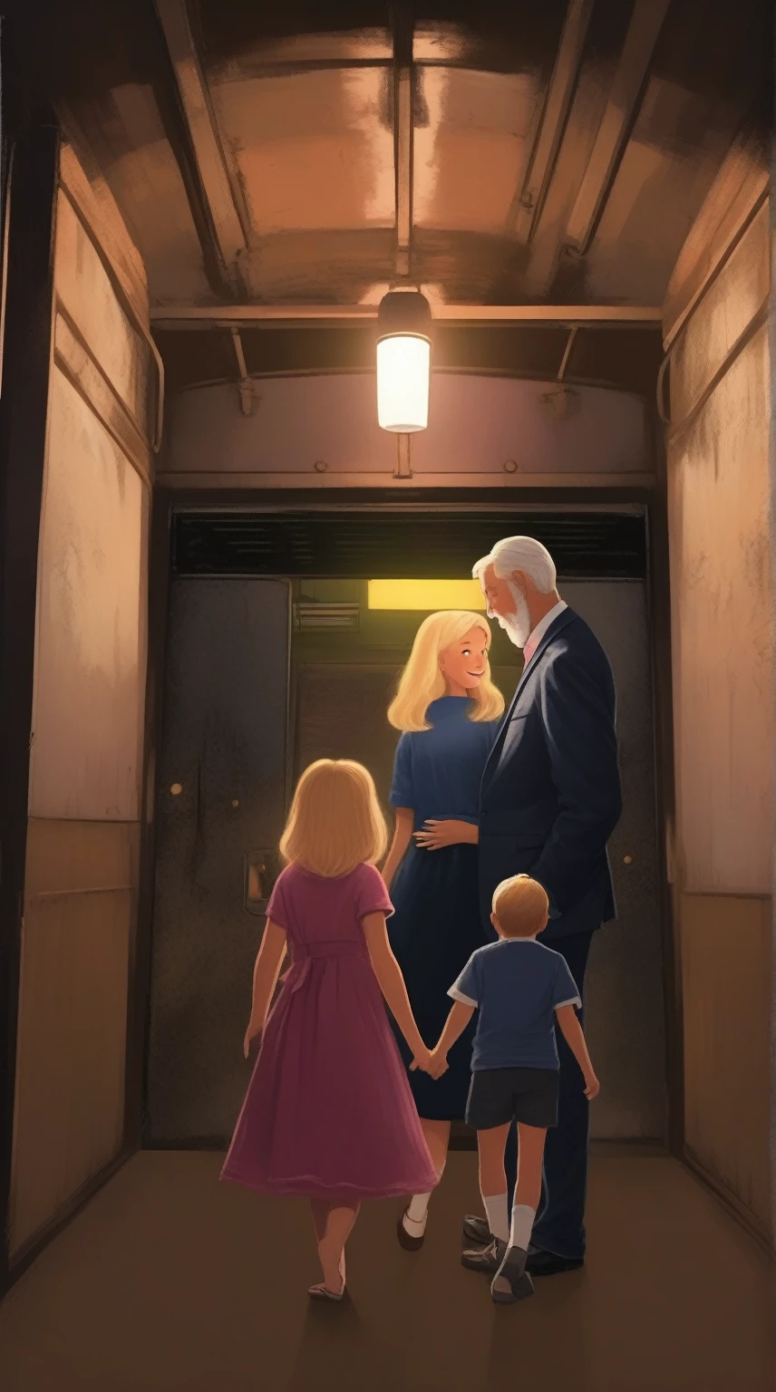 children's picture books, crayon paintings,blush, an old rusty open 2 doors elevator tunnel, old fat man in suite and his blond wife black dress, and a 5 years old boy wearing blue t shirt, and an 8 years old girl wearing pink dress