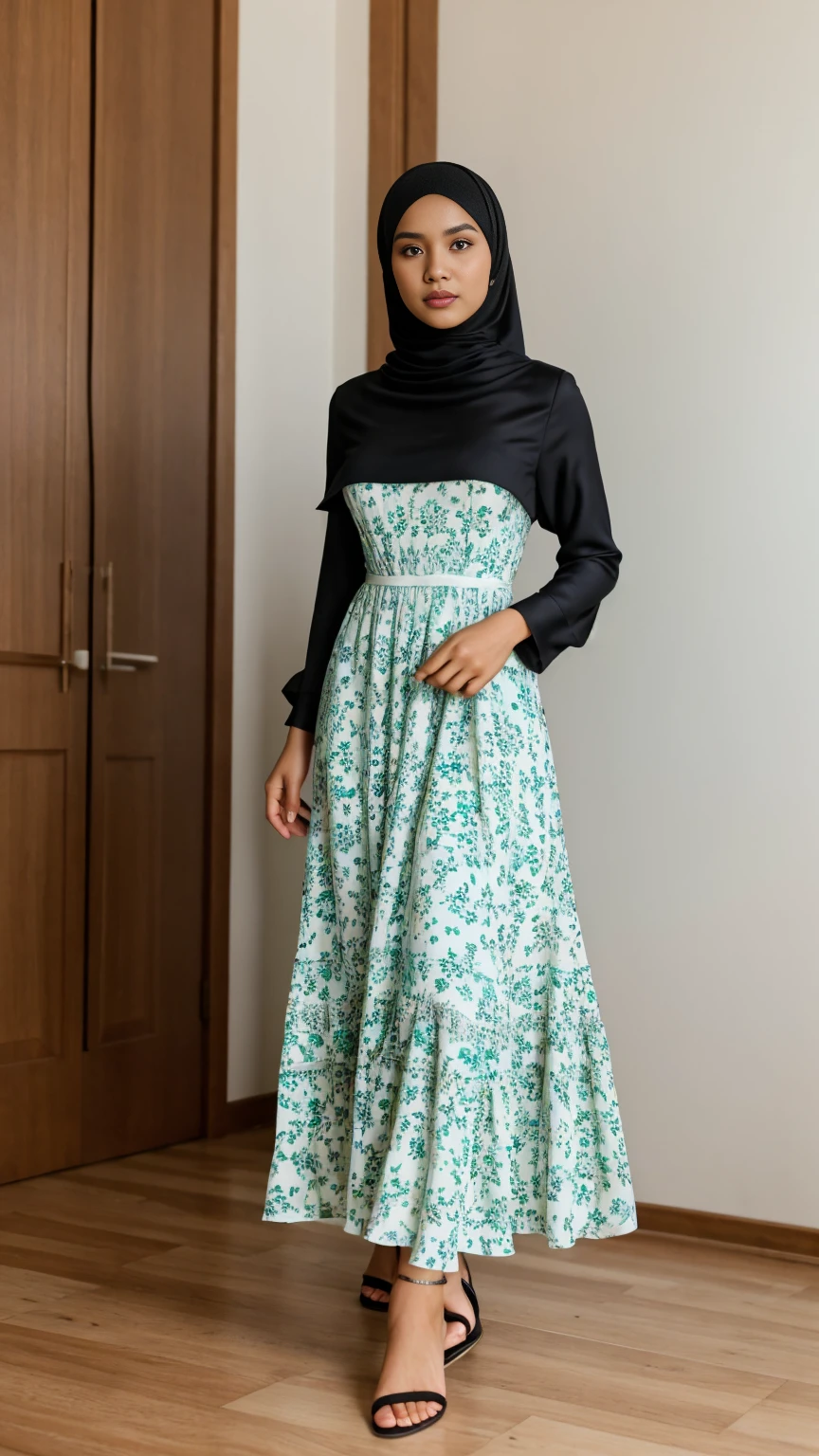 Wide shot of (abbie_cornish:0.6) indonesian girl wearing a hijab, casual shirt, casual dress, long skirt, sandals, in a kitchen,face incredibly detailed, lips, realistic skin, solo,medium breasts,skin tight, puffy ,facial, masterpiece,best quality, Intricate, High Detail, dramatic, front view, wide view,RAW, Best quality, high resolution, masterpiece: 1.3), beautiful Indonesian woman in hijab, perfect hijab, Masterpiece, perfect fit body, big breast,big gorgeous eyes, Soft smile,beautiful face,thick thighs, woman in a black and white floral dress standing in front of a green door, modest flowing gown, beautiful soft silky dress, beautiful silky dress, beautiful detailed dress, stylish dress, swirly flower dress, wearing a long flowery dress, full covered dress, delicate patterned, long dress female, frock, flowery dress, baroque dress, lady with glowing flowers dress , (Delicate turtleneck) , Excellent lighting, Bright colors, Clean lines,
