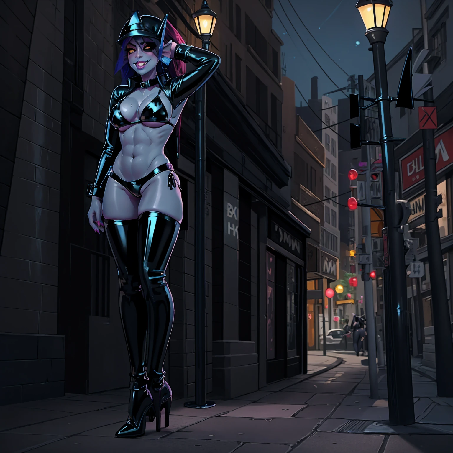 solo, 1girl, undyne, blue skin, female, (big bottom lip:1.3), (black lip gloss:1.3), large breasts, black leather collar, blue eyeshadow, (black latex bikini:1.6), (nipple outline:0.75), (black heels:1.4), (street corner:1.4), hands behind head, sexy pose, late night, street light, standing upright, very tall, yellow teeth, sharp teeth, laughing, black eye patch, looking at viewer, by darkgem, by wfa, by BNG,