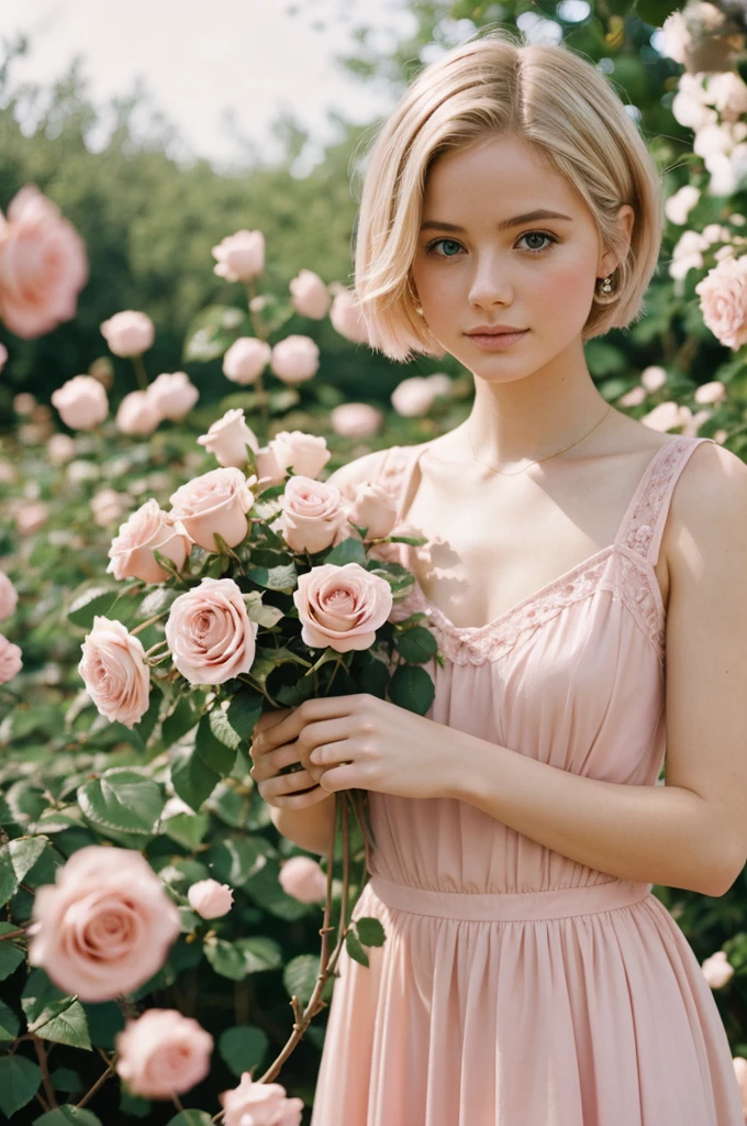 8k, photo and gross, fujifilm, Style photography of a beautiful young girl like Avril in a light pink rose garden. (very detailed skin: 1.2) Style-Petal BREAK short hair, blonde hair with colored highlights, wearing a dress, film grain, 35mm, beautiful style