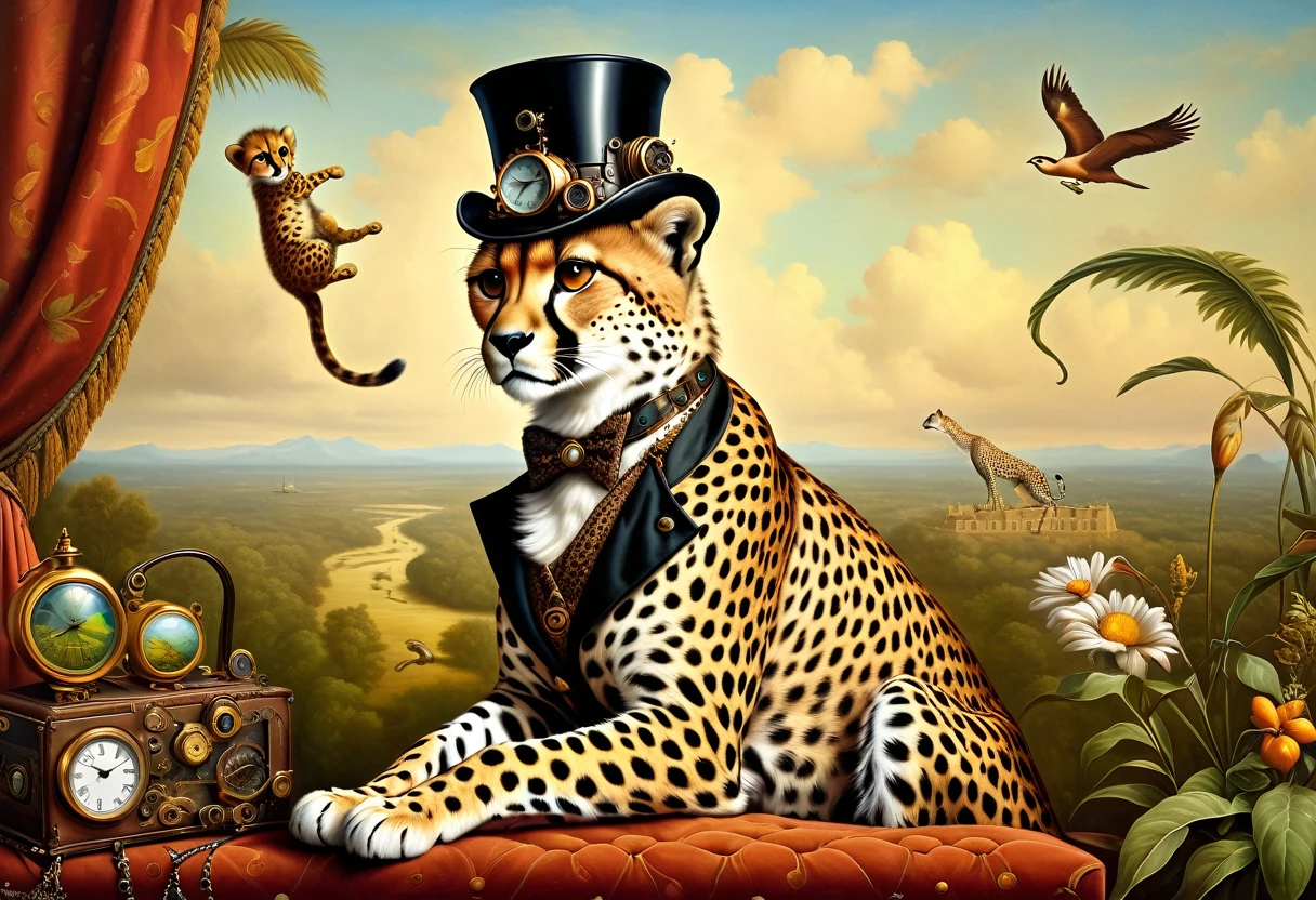 funny cheetah steampunk, surreal illustration by Kevin Sloan, Oil painting, , against the backdrop of Renaissance wildlife
((Стиль Kevin Sloan)) ,((Hyper-realistic)), Градиент Kevin Sloan, complex parts, intricate, aesthetics, ((best quality, masterpiece)),
(highest detail), Octane render, uhd, f/2.8, 8 k