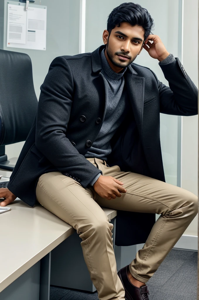 Real young Indian men with coat sit on office