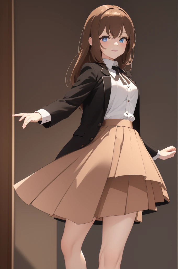 masterpiece,best quality,8k Illustration,Haibara Ai,Aoyama Gangsho style,Flowing hair,Smooth lines,best quality,The finest details,Brown hair blue eyes girl,Actress,Medium shot,The best background,Best quality,The brightest smile,Ultra Detailed,Best Illustration,The best shadow,Solitary,Uniforms, Black jacket,Light pink shirt inside, (jk brown skirt:1.2), Black knee socks, Looking at the audience, Put your hands behind your back,Small Breasts,The best costumes,Best starry night