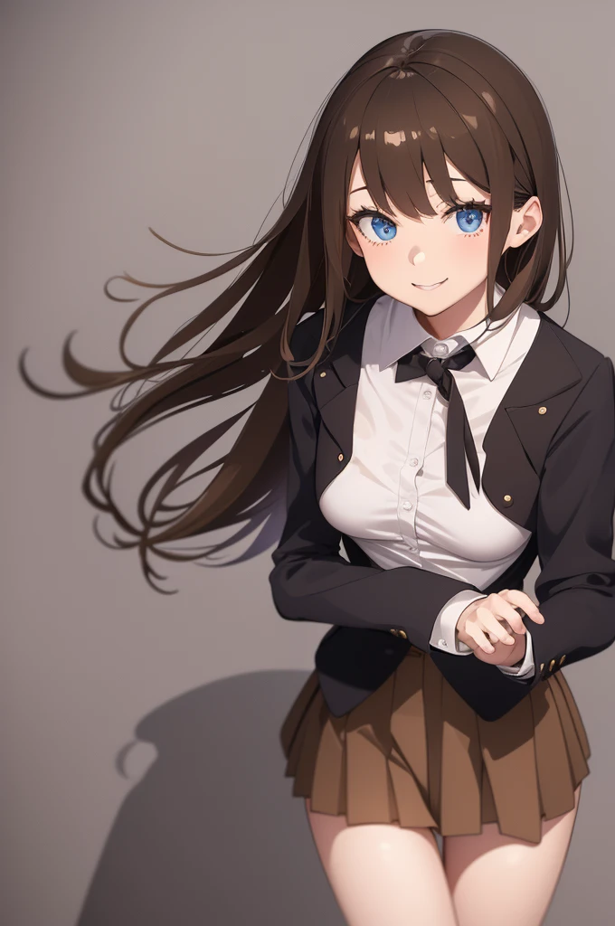 masterpiece,best quality,8k Illustration,Haibara Ai,Aoyama Gangsho style,Flowing hair,Smooth lines,best quality,The finest details,Brown hair blue eyes girl,Actress,Medium shot,The best background,Best quality,The brightest smile,Ultra Detailed,Best Illustration,The best shadow,Solitary,Uniforms, Black jacket,Light pink shirt inside, (jk brown skirt:1.2), Black knee socks, Looking at the audience, Put your hands behind your back,Small Breasts,The best costumes,Best starry night