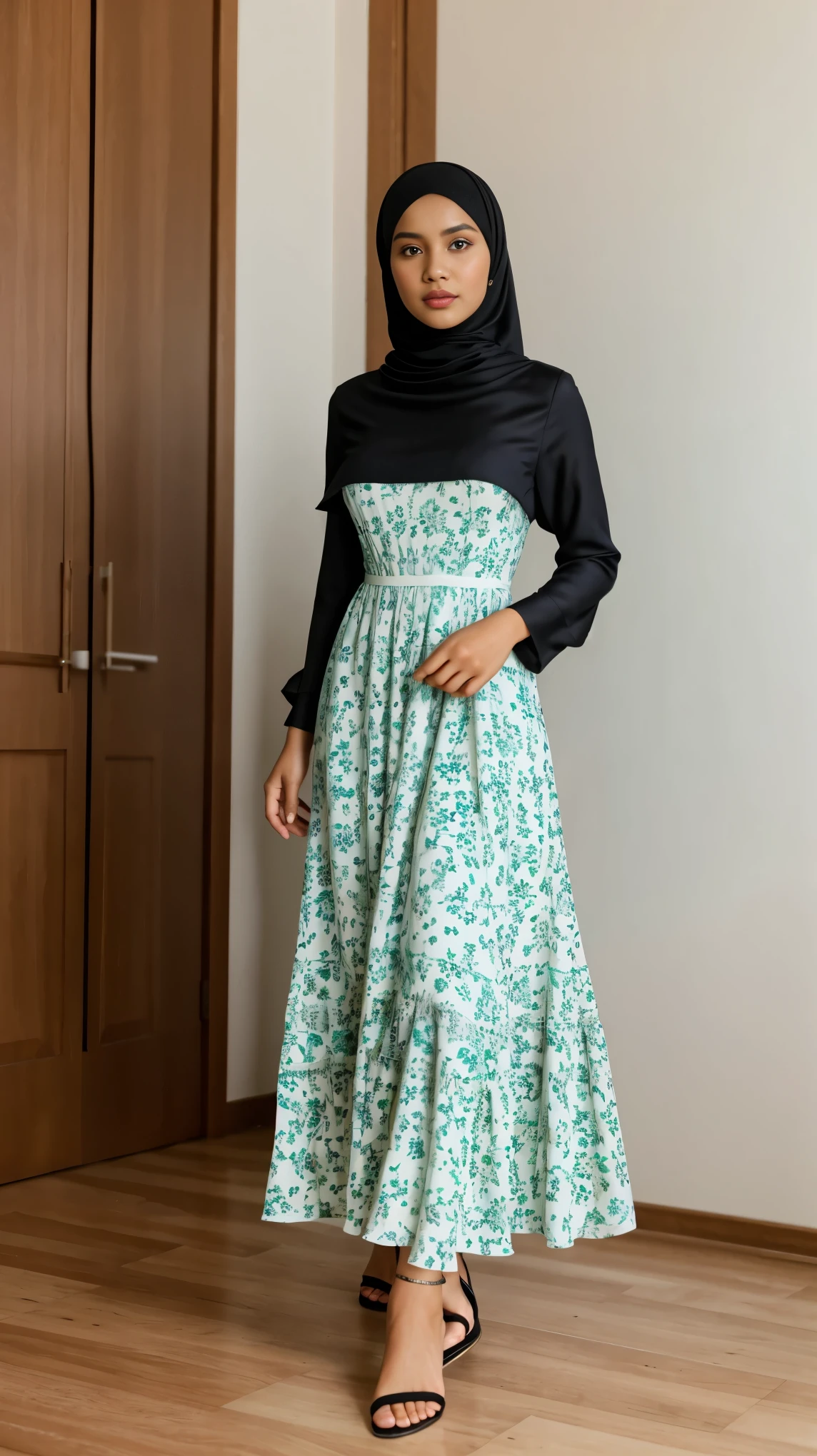Wide shot of (abbie_cornish:0.6) indonesian girl wearing a hijab, casual shirt, casual dress, long skirt, sandals, in a kitchen,face incredibly detailed, lips, realistic skin, solo,medium breasts,skin tight, puffy ,facial, masterpiece,best quality, Intricate, High Detail, dramatic, front view, wide view,RAW, Best quality, high resolution, masterpiece: 1.3), beautiful Indonesian woman in hijab, perfect hijab, Masterpiece, perfect fit body, big breast,big gorgeous eyes, Soft smile,beautiful face,thick thighs, woman in a black and white floral dress standing in front of a green door, modest flowing gown, beautiful soft silky dress, beautiful silky dress, beautiful detailed dress, stylish dress, swirly flower dress, wearing a long flowery dress, full covered dress, delicate patterned, long dress female, frock, flowery dress, baroque dress, lady with glowing flowers dress , (Delicate turtleneck) , Excellent lighting, Bright colors, Clean lines,