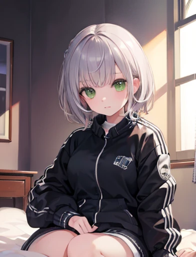 Highest quality, masterpiece, Ultra-high resolution, grey hair, short hair, green eyes, black letterman jacket, on bed,