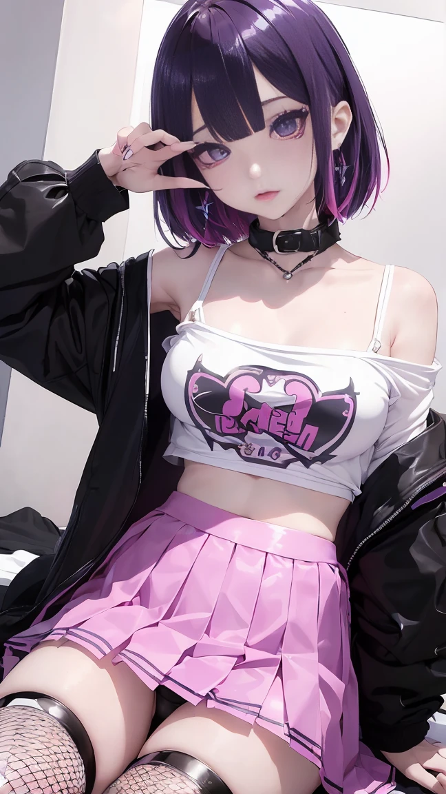 (masterpiece, Highest quality, Highest quality, Official Art, beautifully、aesthetic:1.2), (2 girls:1.8), Cinema Lighting、(Key Light：Front 45 degree angle, Subsidy light、Backlight、Shadow、Blue and orange color palette), Accurate human body、Someone knowledgeable、Correct five-finger、RAW Photos、 4K - ultra-vivid、Highest quality, masterpiece, Ultra-high resolution, (reality: 1.4), 1 girl、／Pink long hair/、(((/Black and purple super shiny  /)))、((( , /Wearing black sunglasses,White shirt/ , high school girl、Pleated skirt , Cleavage ,Oilskin)))、(Shiny body: 1.5)、 Be embarrassed、(:1.5)、((/Black Mask/))、Full of embarrassment、Sexy pose、((vapor))、/break/, On the bed in a love hotel、(((/Pink lighting/)))、dim, Nasty room、Desaturation in the room (((Oilskin,Glowing Skin、Realistic skin texture、Beautiful skin in every detail、Shiny skin、Shiny skin)))、 Upper Body Shot, Low camera angle, Written boundary depth, Focus on the center, Fine Eyes, Perfect face and eyes、 1 girl、 17 years old, (Goth Makeup), (White skin), (T-shirt and skirt), (Show below ), (Fishnet tights), (Belly Button Jewelry), (Earrings), (Earringsのついた唇), /Purple eyes/, /Short black emo hair/, (Big Breasts), (8K), (wallpaper), (Dynamic Lighting), (Detailed face and eyes:1.2)、Short skirt、Low-cut platform boots and oversized shirts、Off the shoulder, /break/