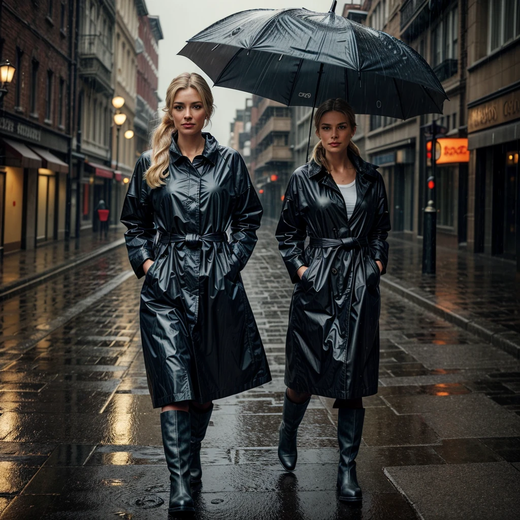 A blonde woman in her 30s with blue eyes is standing outdoors in a rainy and dark setting. She has her long hair elegantly styled and tied back in either a ponytail or a chignon. She is dressed in stylish, rain-appropriate clothing, such as a raincoat and waterproof boots. She is holding an open umbrella by its handle with one hand above her head. The background shows a rainy city street with reflections on the wet pavement, creating a moody and atmospheric scene. The lighting is naturally dim due to the overcast skies and rain. She is alone in the image.

The image should capture a realistic and high-quality look, with an emphasis on the rainy, dark atmosphere. Everything in the image, including the woman, her rain-appropriate outfit, and the setting, should be as detailed and realistic as possible. The facial details, hair, and clothing textures, especially the raincoat and umbrella, should be extremely lifelike, with intricate textures. Raindrops on the umbrella and reflections on the wet pavement should be clearly visible. All textures in the image should be enhanced to an ultra-realistic level. Additionally, add a subtle film grain effect to the image to give it a cinematic quality. The image should have the crystal clear quality of a Fujifilm XT3 photograph, with the beautiful figure framed at the center. The woman's body should have slightly more generous curves, enhancing her natural figure in a tasteful and realistic manner. Everything should be the highest possible quality with the most realistic details