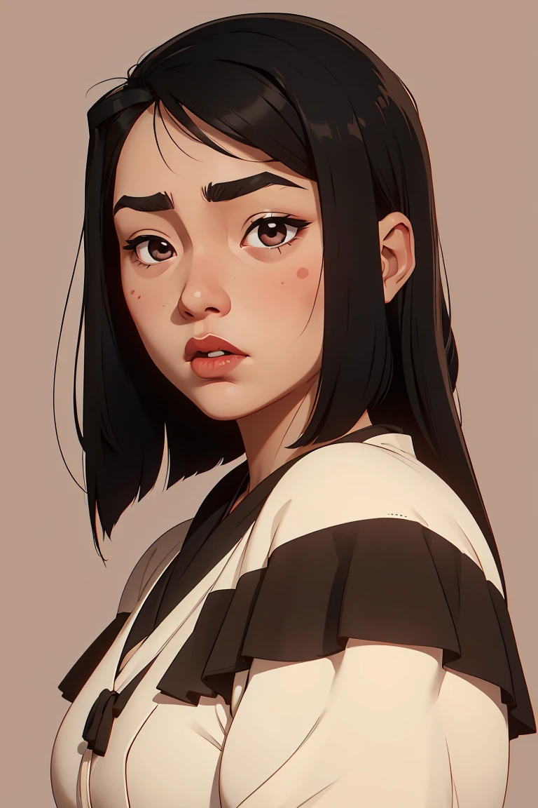 slightly chubby girl, medium-Length black hair, bangs, rounder face, droopy nose tip, small round red lips, round cheeks, intense dark round asian eyes, beauty spot above eyes