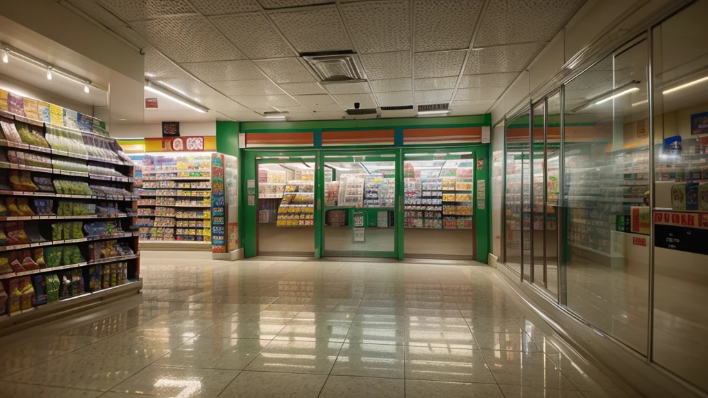 aisles of a convenience store, 7-eleven store, Canon, Fujifilm, Wide-Angle, panorama, first-person view, reflection light, ray tracing, 16k, 8k, highres, best quality, award winning, high quality, super detail, high details, masterpiece, accurate