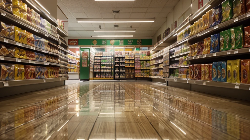 aisles of a convenience store, 7-eleven store, Canon, Fujifilm, Wide-Angle, panorama, first-person view, reflection light, ray tracing, 16k, 8k, highres, best quality, award winning, high quality, super detail, high details, masterpiece, accurate