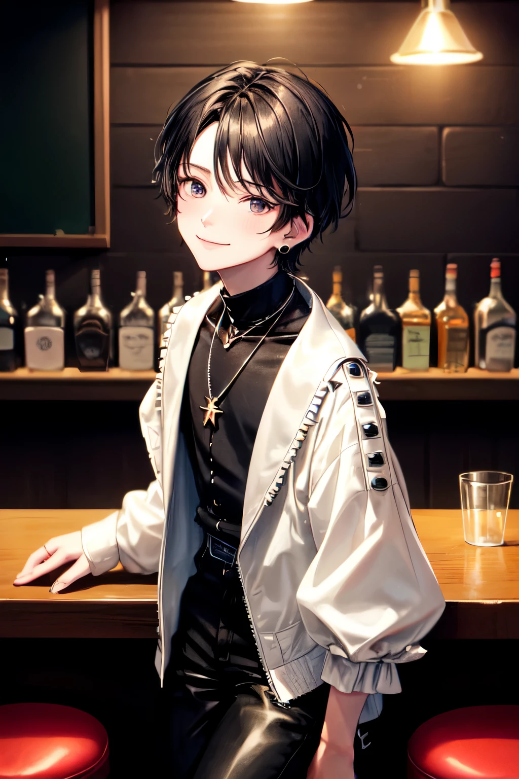 ((best quality)), ((masterpiece)), (detailed)，((Delicate face)),(well drawn illustration),（night），(The perspective is correct),（solo）,(1 Boy),(((boy))),(Male high school student)，((male)),teenager， Black short hair,Black eyes，Japanese boys short hair，((black oversized cropped jacket)),rivet，Black long Martin boots，（black pants），black shocker，jirai kei，necklace，ring，Black stud earrings，Smile，Side-parted bangs，pub，drunken，sideways，(pub)，(nignt club),Neon，(sitting on a pub stool),(leaning by a pub counter)，Short coat with puffy sleeves，Puffy sleeves，Tightened neckline，((very dim light))，Soft movements，cinematic lighting，deep purple theme,((dark)),(softlightontheface),(Soft expression)，light blush，shy smile